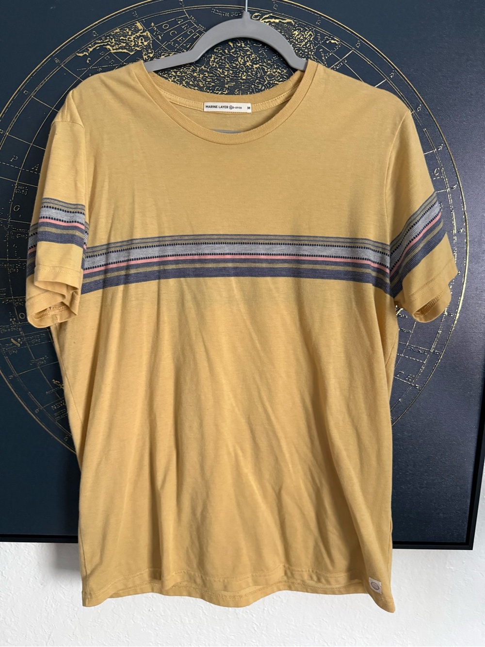 Marine Layer Mustard Crewneck Tee with Multicolor Chest Stripes